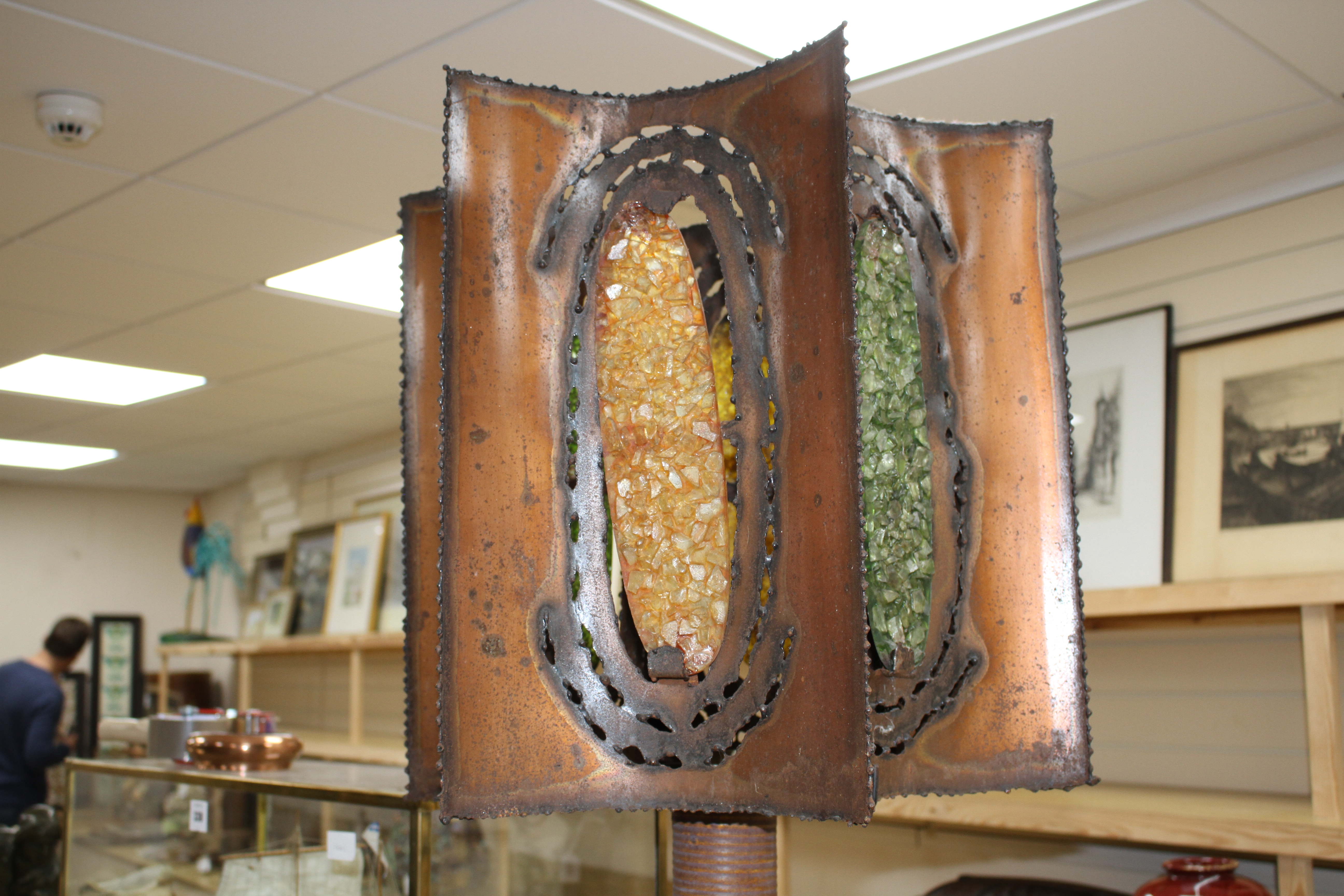 A French Accolay pottery copper and glass shard table lamp, c.1970,